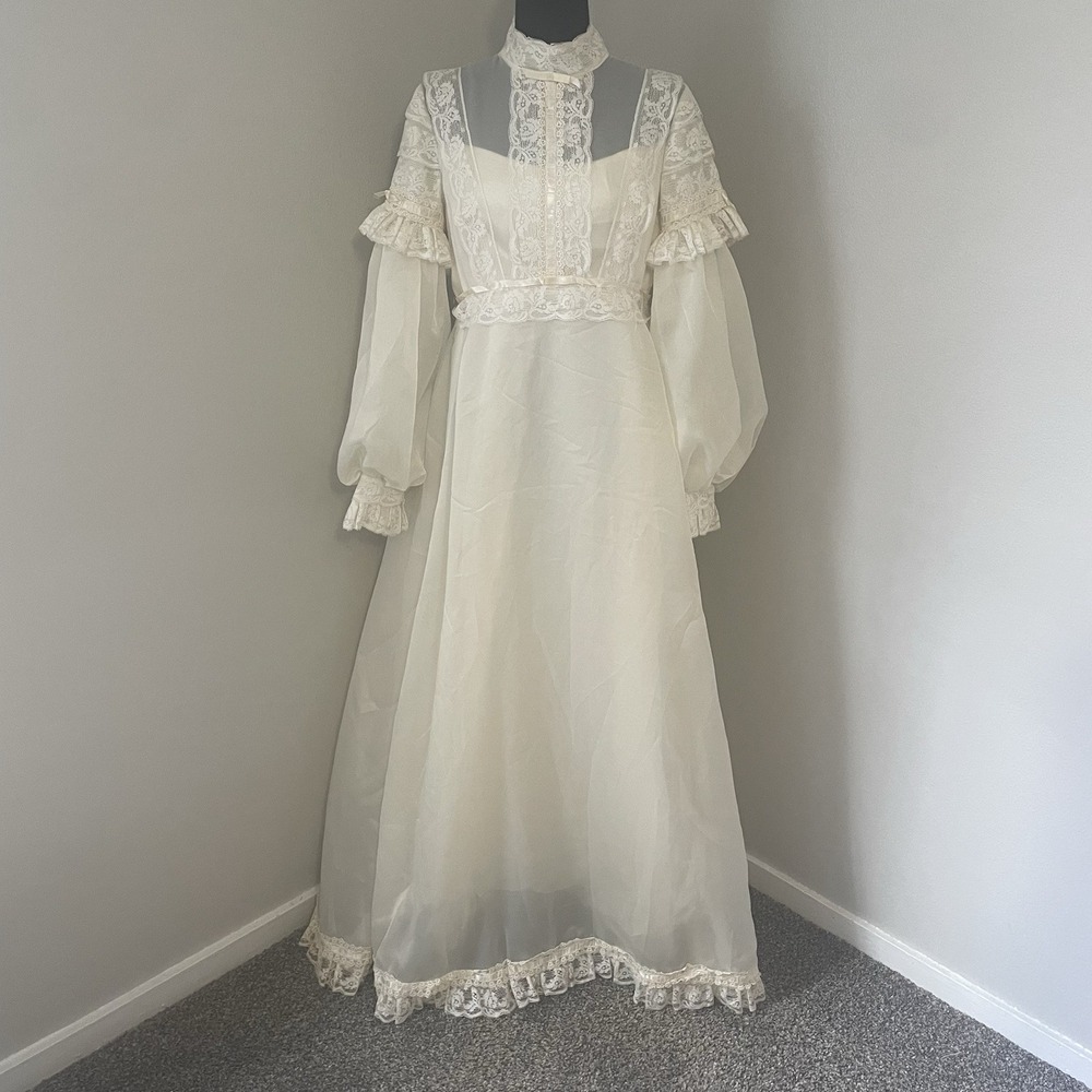 Vintage BRIDAL ORIGINALS Ivory Lace Trim Ribbon Bow Bishop Sleeve Wedding Dress‎